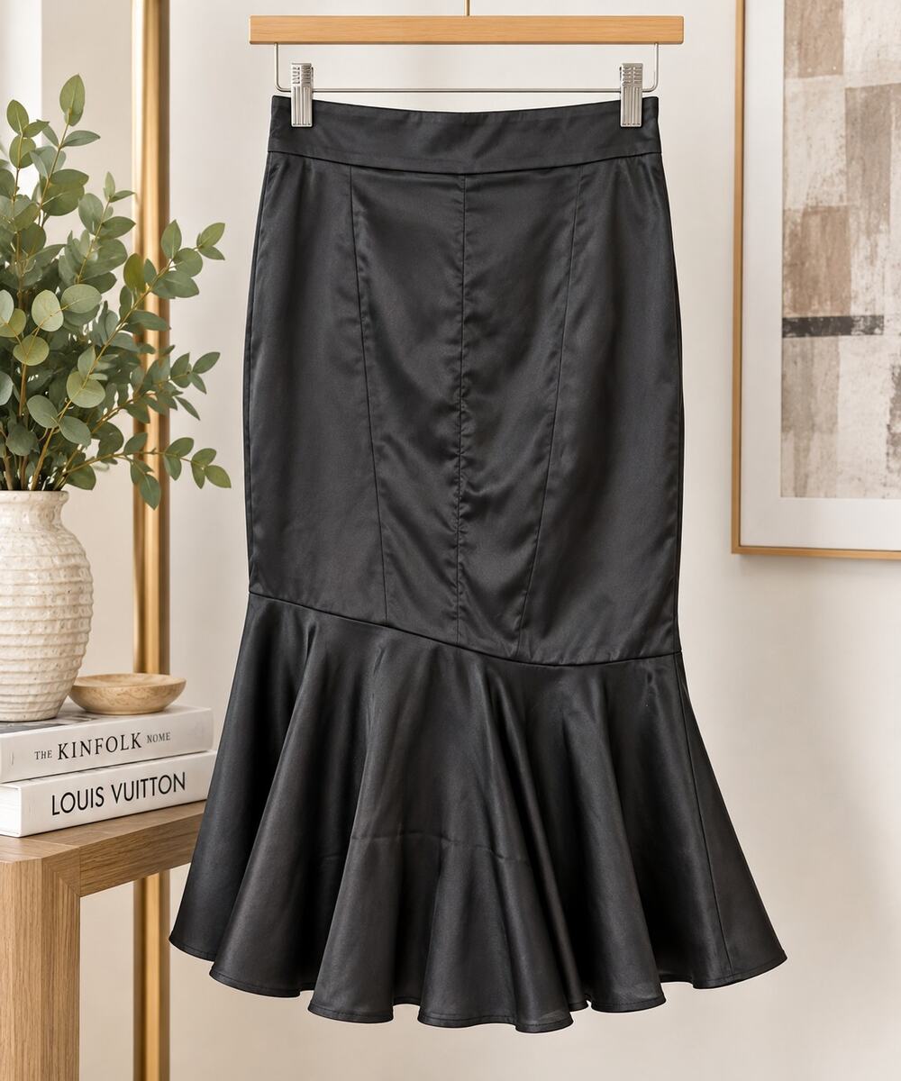 VONDA Black Satin Asymmetrical Ruffle Midi Skirt Women's Size S